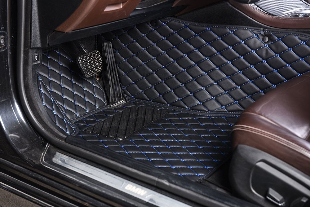 Wholesale Black and Blue Stitching Luxury Leather Diamond Car Mats